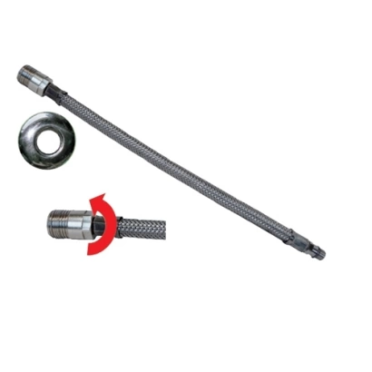 Flessibile trecciato per miscelatori in acciaio inox AISI 304 7 fili DN8 maschio girevole prolungato con rosone - maschio corto