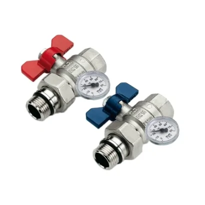 Valvola a sfera maschio/femmina con bocchettone con o-ring, pretenuta e termometro con attacco reversibile